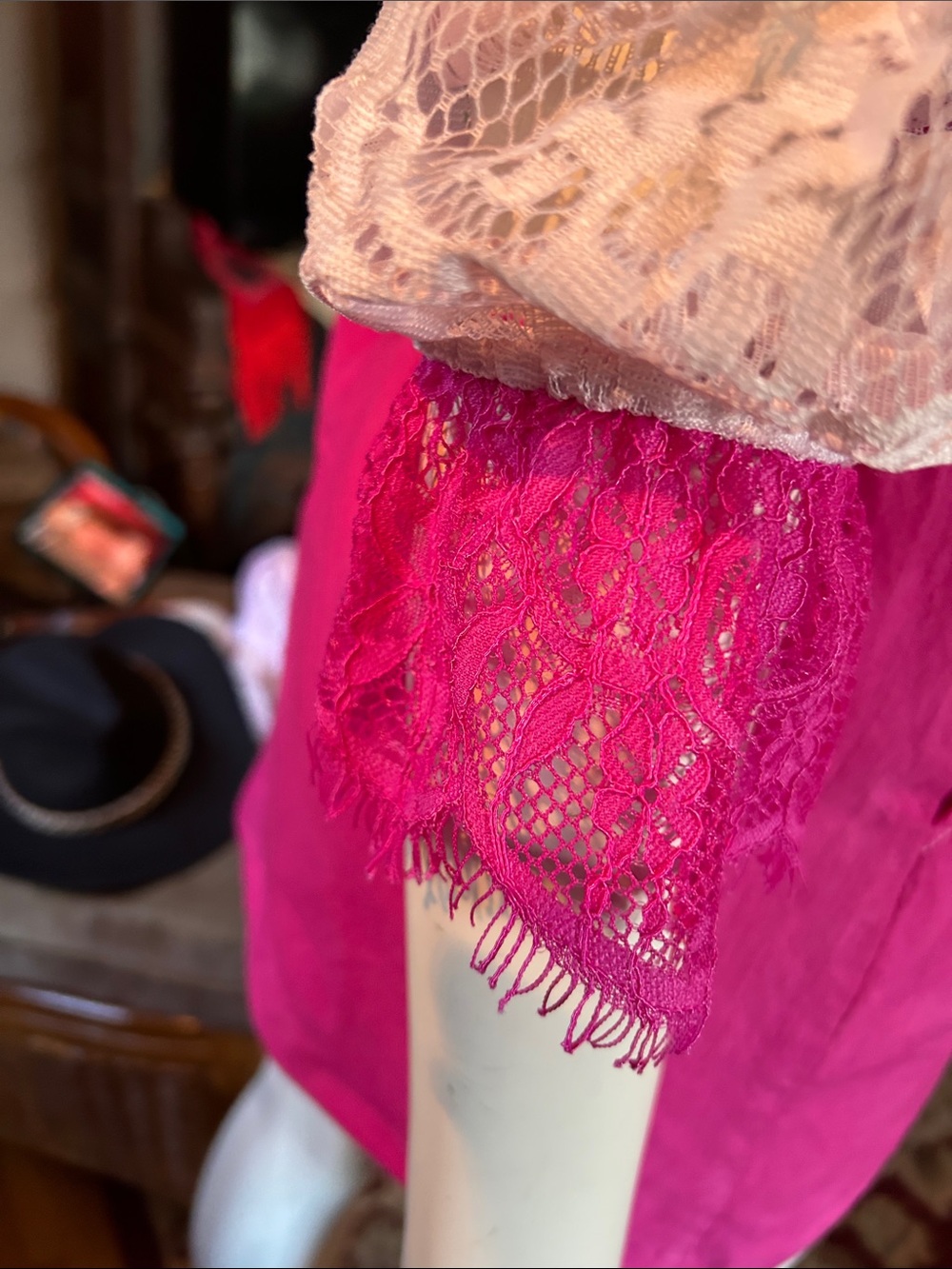 # 120  Up cycled Fringe Button-Front Shirt Dress with Lace Sleeves - Picture 7 of 11